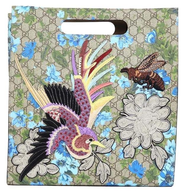 Gucci GG Supreme Bag XL Blooms Embroidered Beige Ebony Calfskin Leather Canvas Suede Tote 