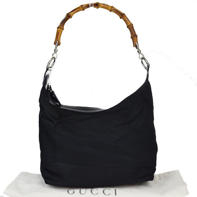 Gucci Bamboo Black Nylon Leather Shoulder Bag 