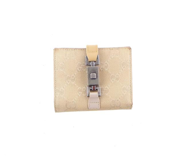 Gucci Beige Clutch Gg Monogram Canvas Leather Compact Bifold Wallet 