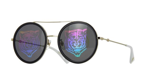 Gucci Black Gold Gg0061s 014 Frame Dark Grey Tiger Print Lenses Sunglasses 