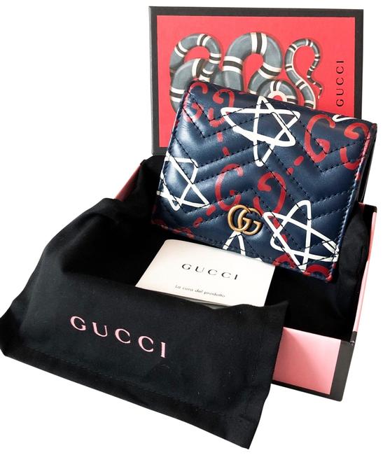 Gucci Blue Graffiti Rare Ghost Star Navy Leather Card Holder Wallet 
