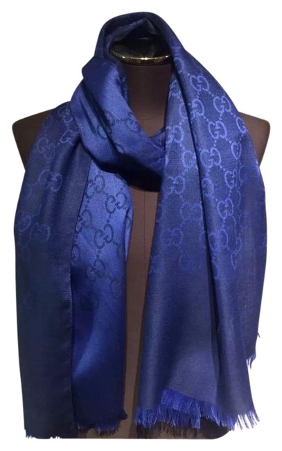 Gucci Blue Silk and Wool Blend Scarf Wrap 