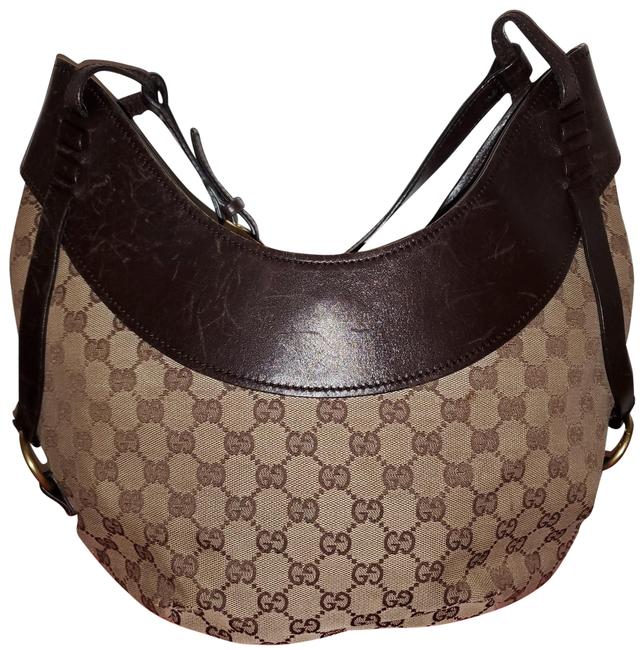 Gucci Braided Handle Beige Brown Canvas Leather Trim Beige Brown Satchel 