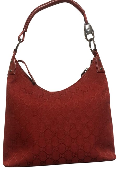 Gucci Braided Handle Red Leather Canvas Hobo Bag 