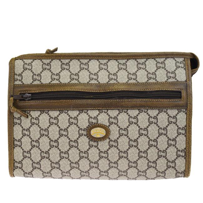 Gucci Brown Clutch Gg Pattern Logo Hand Bag Pvc Leather Italy Wallet 