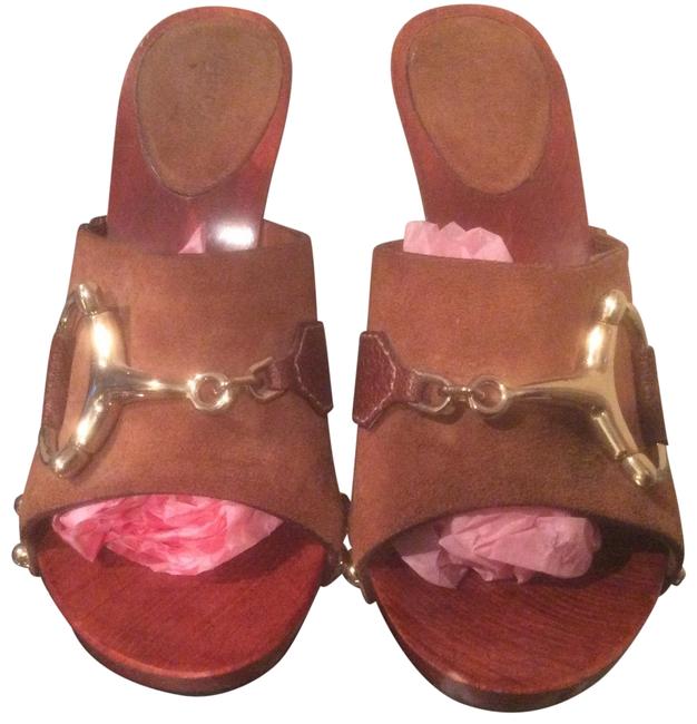 Gucci Brown Horsebit Suede Leather Mules Slides 