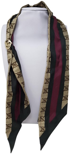 Gucci Brown Multicolor Gg Web Gold tone Ring Silk Twilly Scarf Wrap 