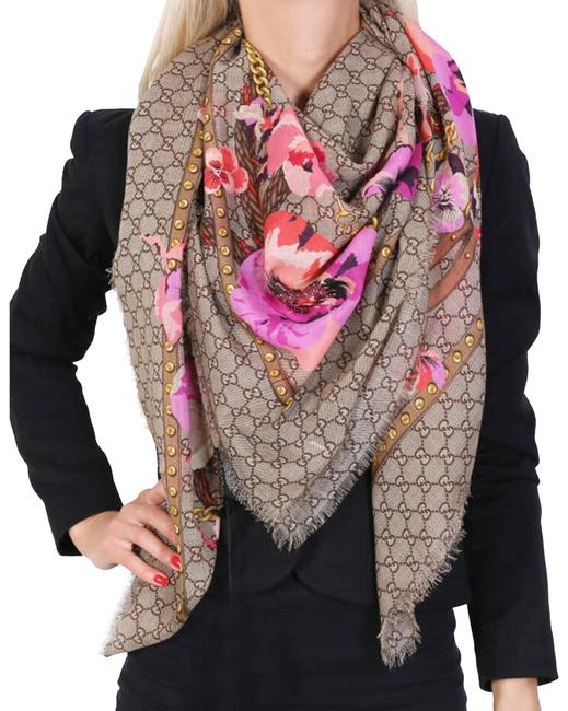 Gucci Brown Pink New Floral Gg Logo Large Lightweight Shawl Scarf Wrap 