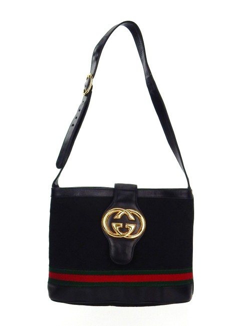 Gucci Bucket Vintage Interlock Black Web Leather Shoulder Bag 