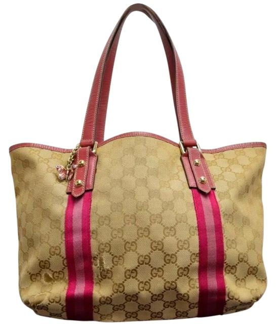 Gucci Charm Monogram Brown Pink Canvas Leather Tote 