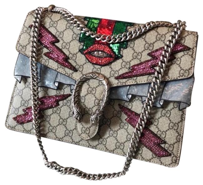 Gucci Dionysus Embellished Lip Chain Monogram Brown Shoulder Bag 