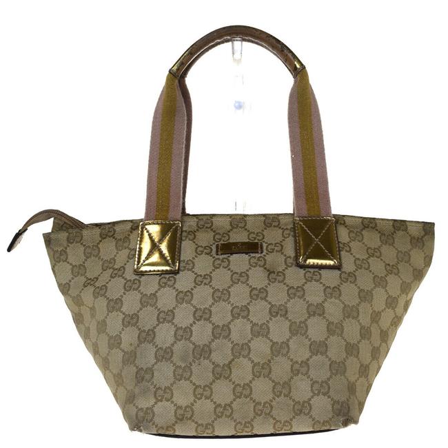 Gucci Gg Logos Sherry Hand Italy Brown Canvas Leather Tote 