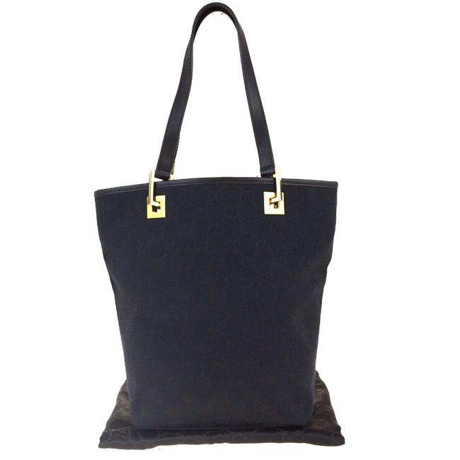 Gucci Gg Logos Tote Black Canvas Leather Shoulder Bag 