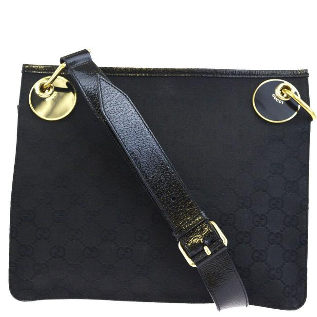 Gucci Gg Pattern Black Canvas Patent Leather Shoulder Bag 