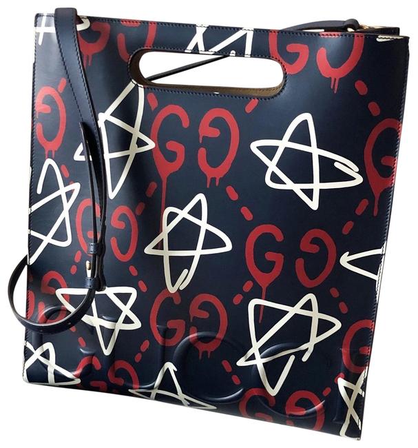 Gucci Graffiti Ghost Star Navy Rare Blue Red White Leather Tote 
