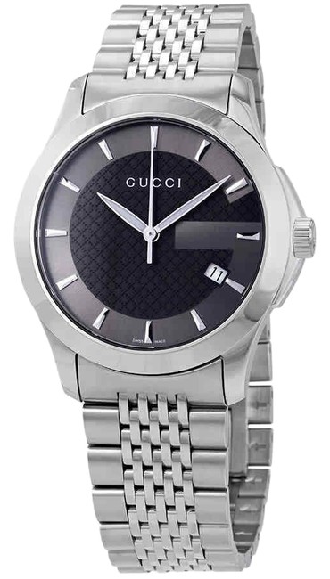 Gucci Grey Silver Tone Swiss Made Stainless Steel Quartz Round Mens Watch 