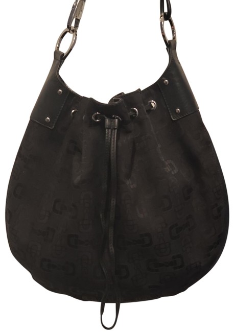 Gucci Horsebit Drawstring Black Canvas Hobo Bag 