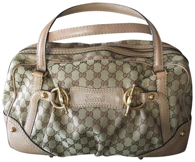 Gucci Jockey Monogram Canvas Light Brown Tan Canvas Leather Satchel 