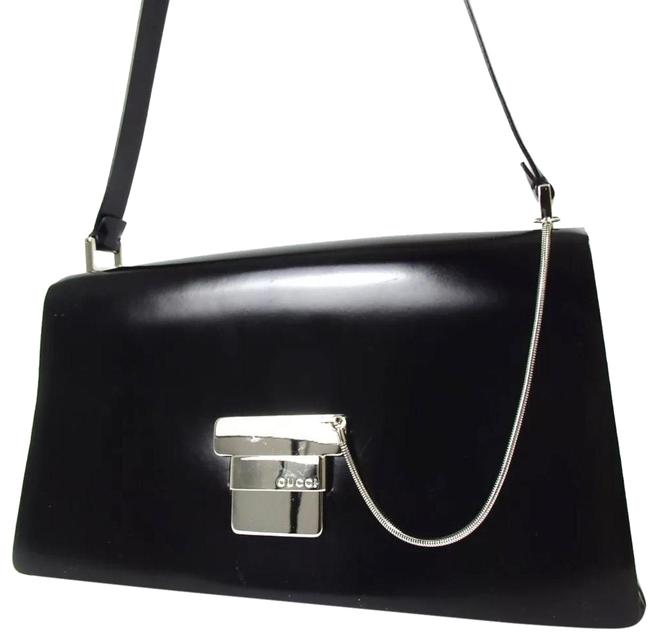 Gucci Logo Black Silver Leather Shoulder Bag 