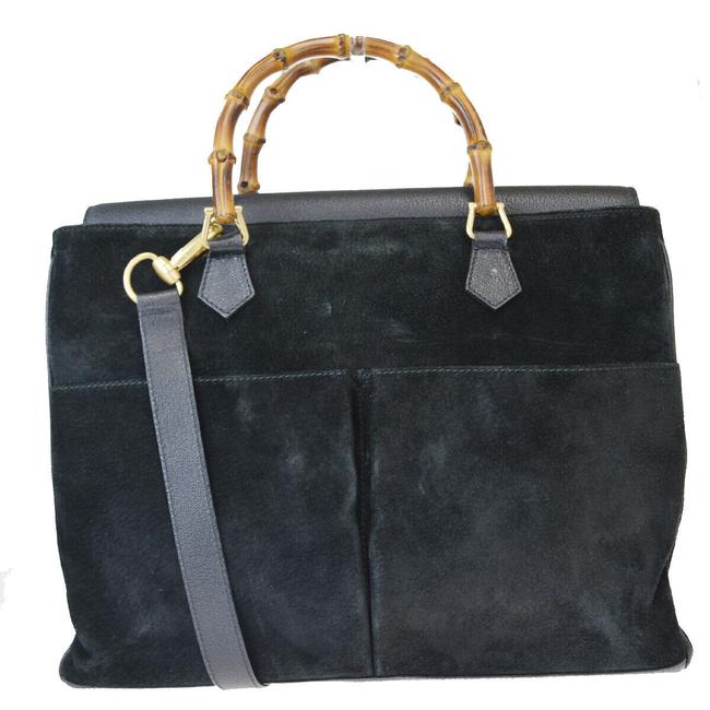 Gucci Logo Italy Black Suede Skin Leather Bamboo Shoulder Bag 
