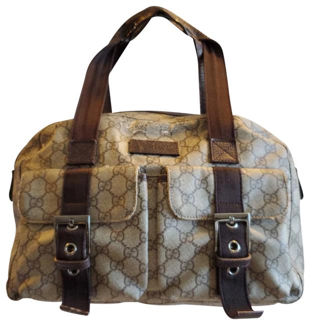 Gucci Logo with Leather Details Brown Canvas Satchel 