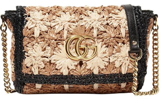 Gucci Marmont Gg Leather trimmed Raffia Shoulder Bag 