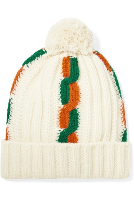 Gucci Off white Pompom Striped Cable Knit Wool Beanie Large Hat 