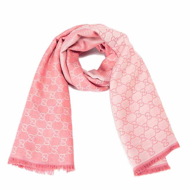 Gucci Pink Classic Logo Wool G G Motif Scarf Wrap 