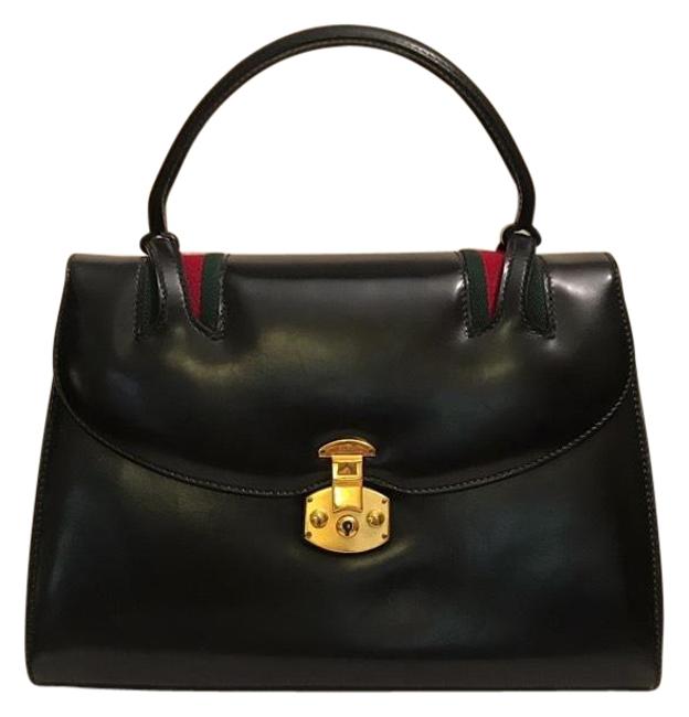 Gucci Rare Vintage Large Top Handle Kelly Black Leather Satchel 