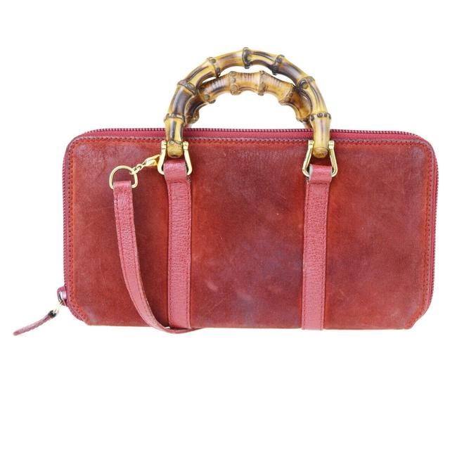 Gucci Red Bamboo Long Zipper Shoulder Hand Bag Suede Leather Wallet 