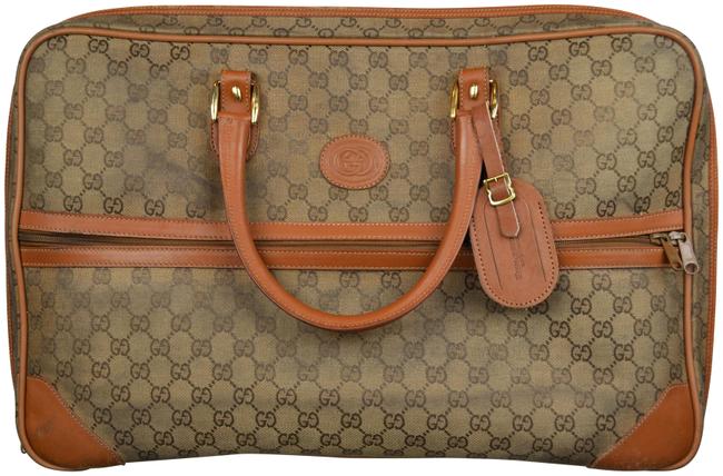 Gucci Retro Canvas Luggage Tan Leather Weekend Travel Bag 