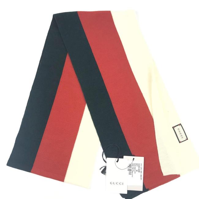 Gucci Rred Green White #444483 Wool Web Striped Scarf Wrap 