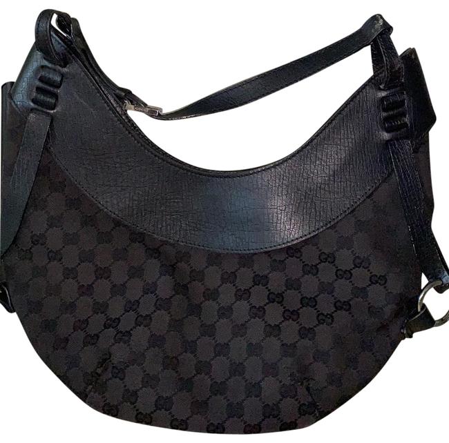 Gucci Shoulder Purse Black Fabric Leather Hobo Bag 