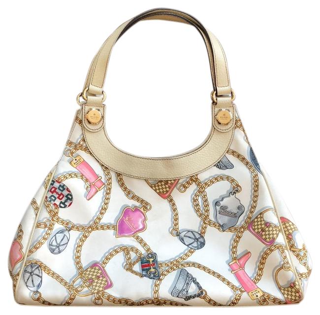 Gucci Signature Satin Satchel White Leather Tote 