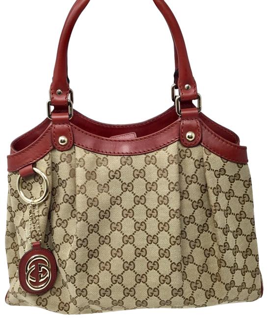 Gucci Sukey Beige and Red Canvas Tote 