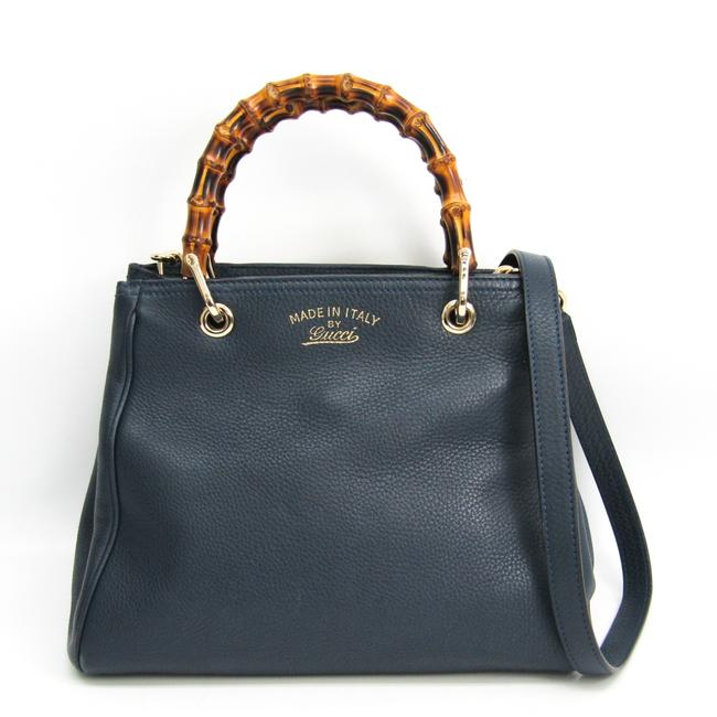 Gucci Swing Shopper Medium 336032 Womens Handbag Navy Bamboo Leather Satchel 