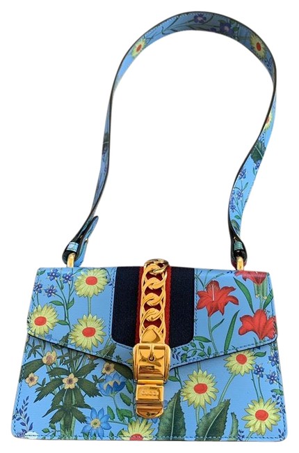 Gucci Sylvie Calfskin Flora Small Blue Shoulder Bag 