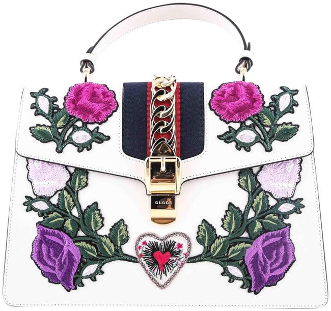 Gucci Top Handle Sylvie Embroidered Medium White Leather Shoulder Bag 