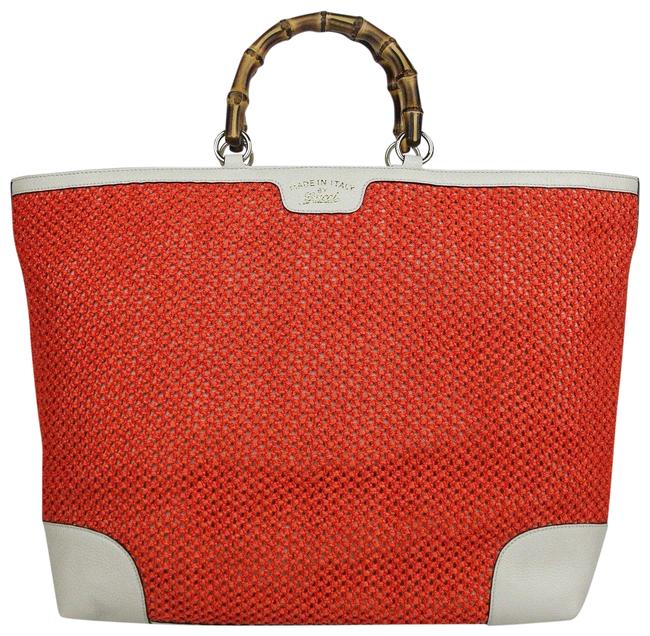 Gucci Top Handle Bamboo 338964 6273 Orange Straw Leather Tote 