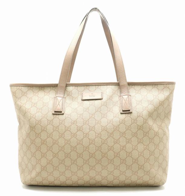 Gucci Tote Gg Supreme Plus 211137 Beige Gray Pink Pvc Leather Shoulder Bag 