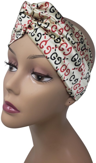 Gucci White Ivory Red Multicolor Gg Ghost Web Pattern Silk Headband Hat 