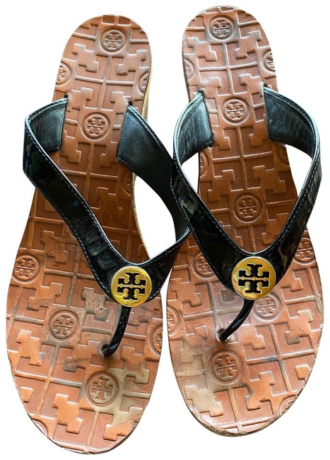 Tory Burch Black Wedge Patent Leather Sandals 5 