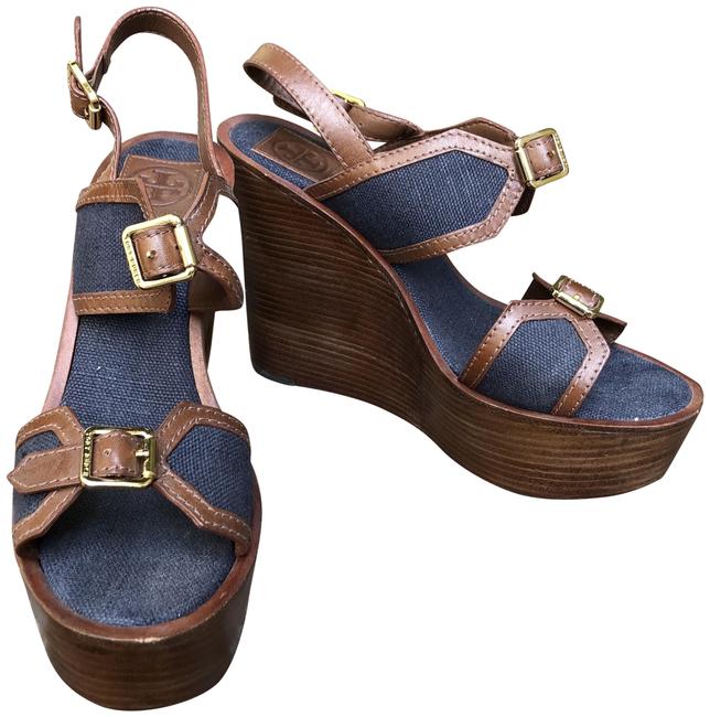 Tory Burch Almond Navy Florian Sandals Wedges 5 
