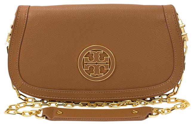 Tory Burch Amanda Logo Royal Tan Leather Clutch 