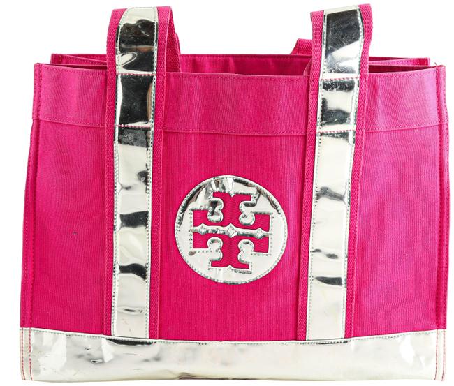 Tory Burch And Silver Metallic Pink Canvas Tote 