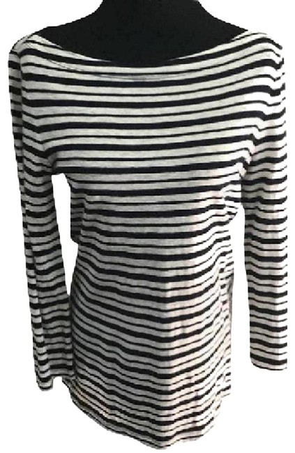 Tory Burch Black and Ivory Linen Boat Neck Tee Shirt  