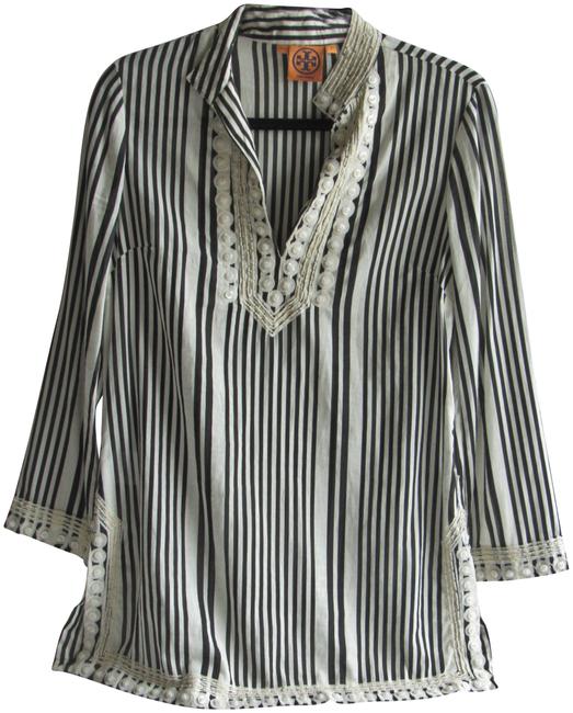 Tory Burch Black &amp White Women's Beaded Split Neck Tunic  S 