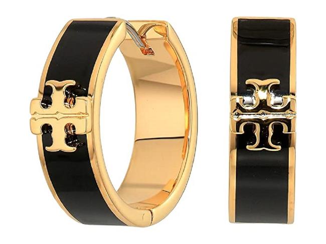 Tory Burch Black Kira Enamel Huggie Hoop Earrings 