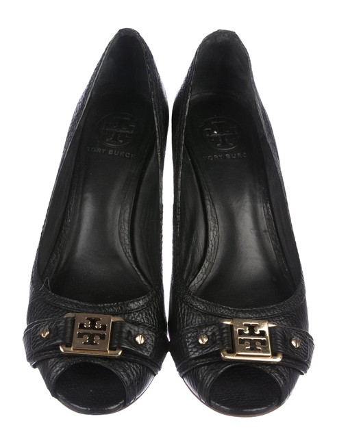 Tory Burch Black Leather Logo Wedges 5 
