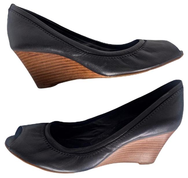 Tory Burch Black Leather Open Toe Wedges